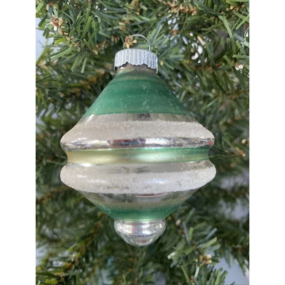 Vintage Christmas Shiny Brite Glass Ornament Mica Ringed UFT Tornado Striped